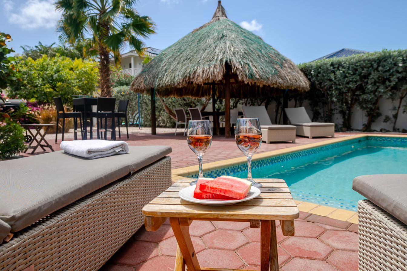 Private pool with palapa and sun beds at the villa in Curaçao